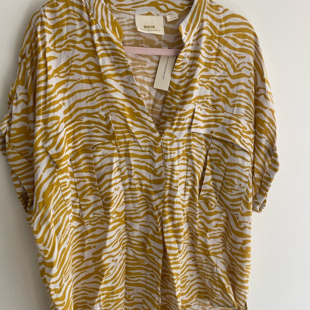Anthropologie Maeve Mustard and White Zebra Blouse